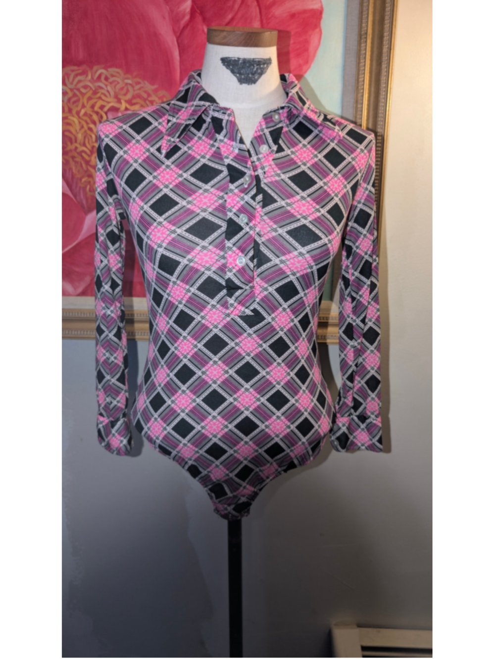 Vintage 70s Plaid Bodysuit Medium Black Pink Long Sleeve